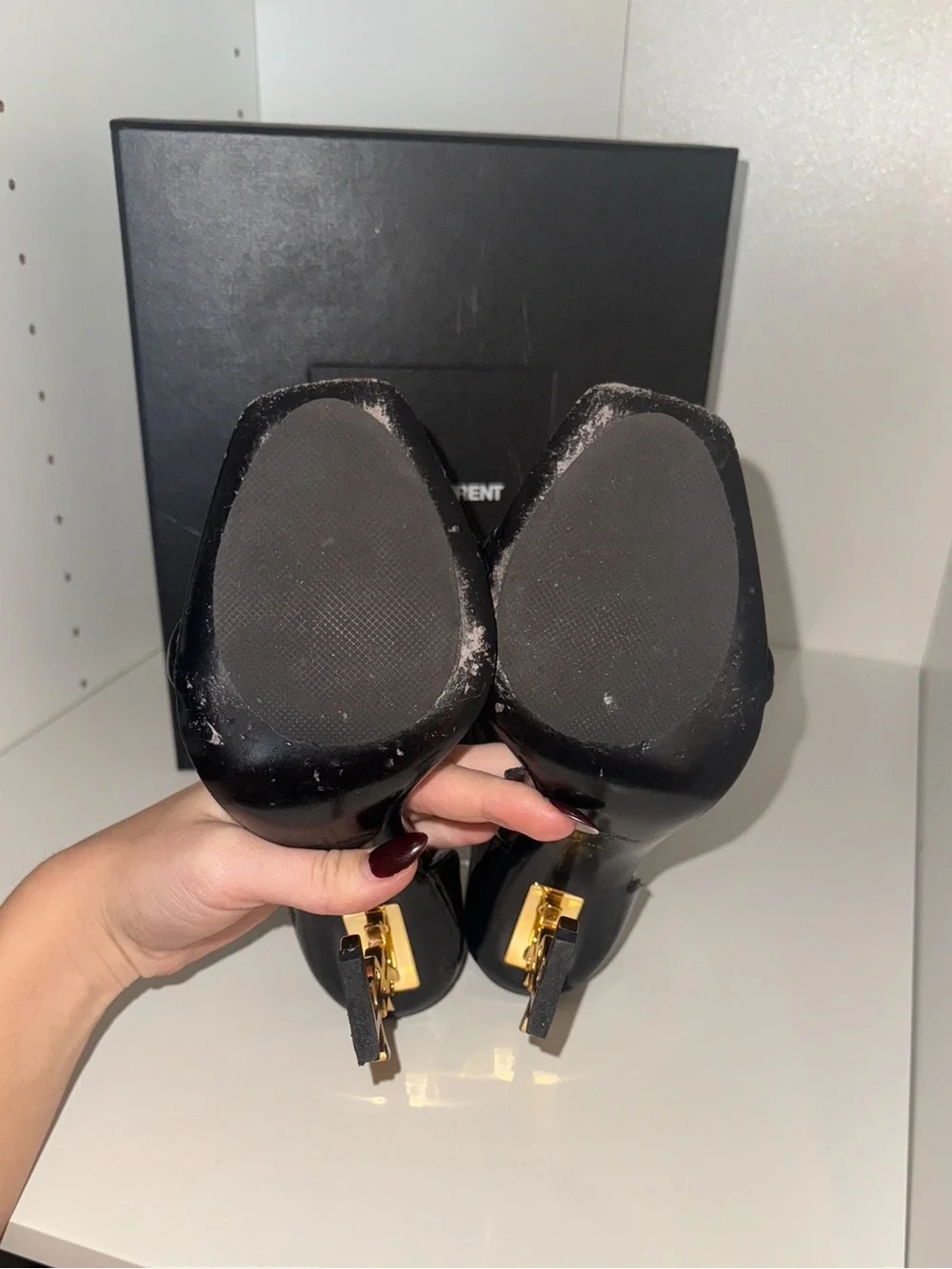 Saint Laurent Black Patent Leather Stiletto Sandals with Gold Accent - Picture 6 of 9
